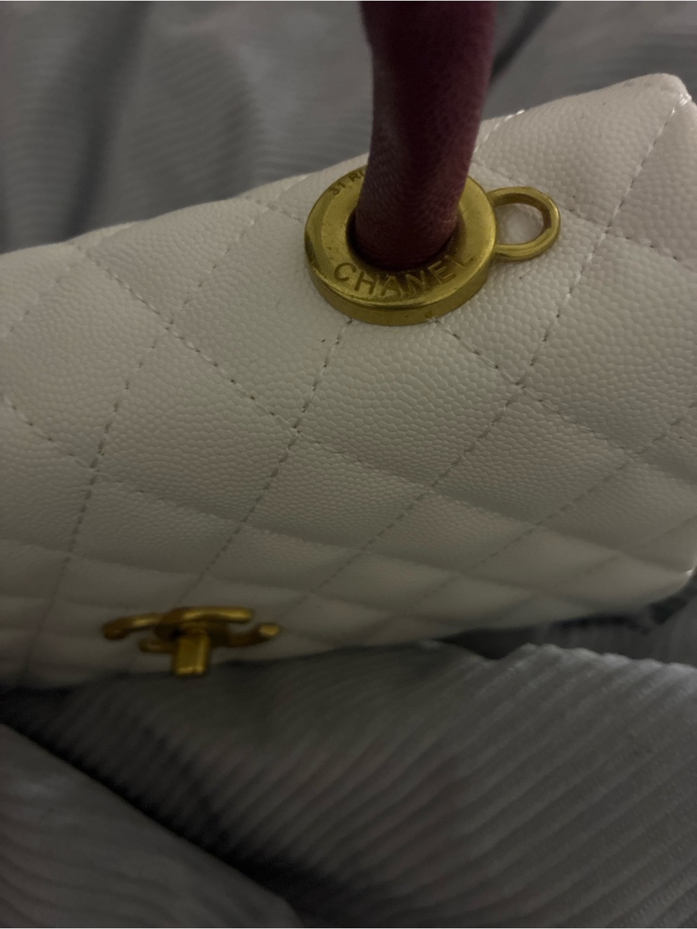 CHANEL Quilted White Leather Satchel with Burgundy Top Handle - Picture 2 of 3